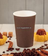 Стакан бумажный 480мл/16oz, d-90мм, h-135мм, 3-х сл., гофр., 1*25 шт. (500 шт./20уп.) коричневая клетка, Арт. RPS90-16B
